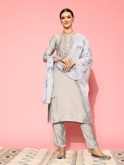 Dhiyona VA Women'sFloral Embroidered Regular Beads and Stones Kurta with Trousers & Dupatta