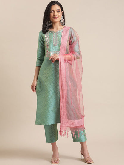 Dhiyona VA Women's Sea Green Thread Embroidered Yoke Textured Kurta with Trouser