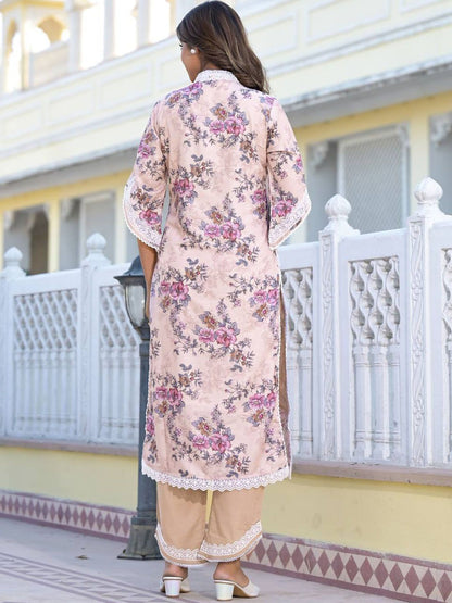 Dhiyona VA Women'sFloral Printed Mirror Work Pure Cotton Straight Kurta with Trousers & Dupatta