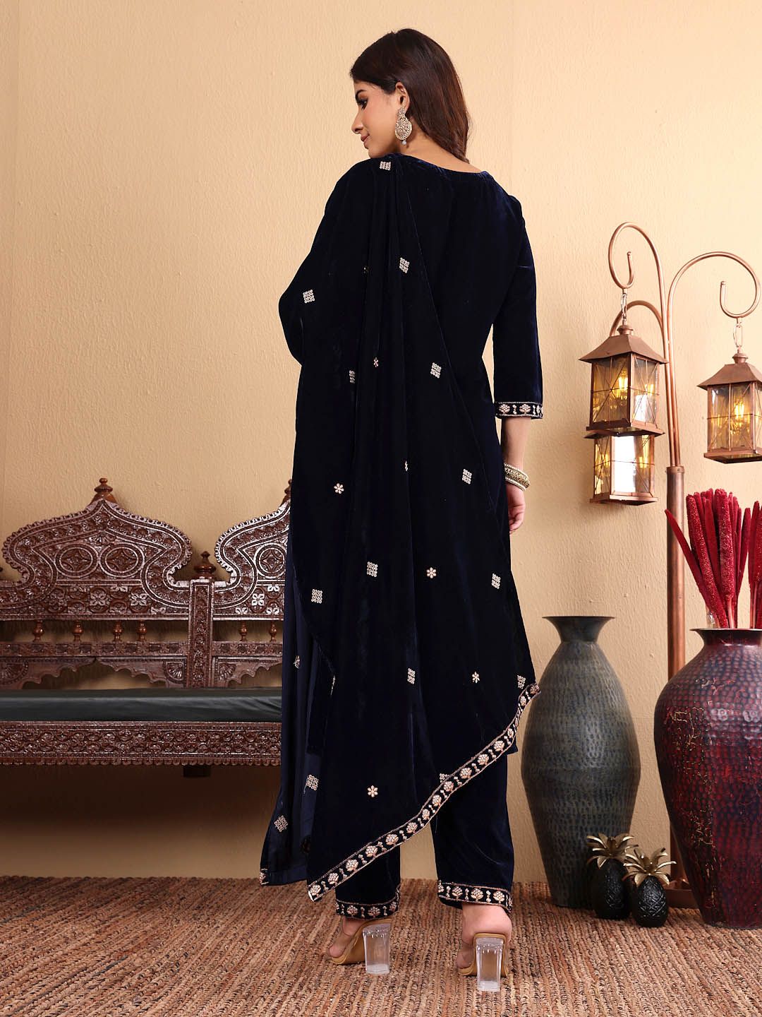 Dhiyona VA Women'sNavy Blue Floral Yoke Design Sequinned Velvet Kurta with Trousers & Dupatta