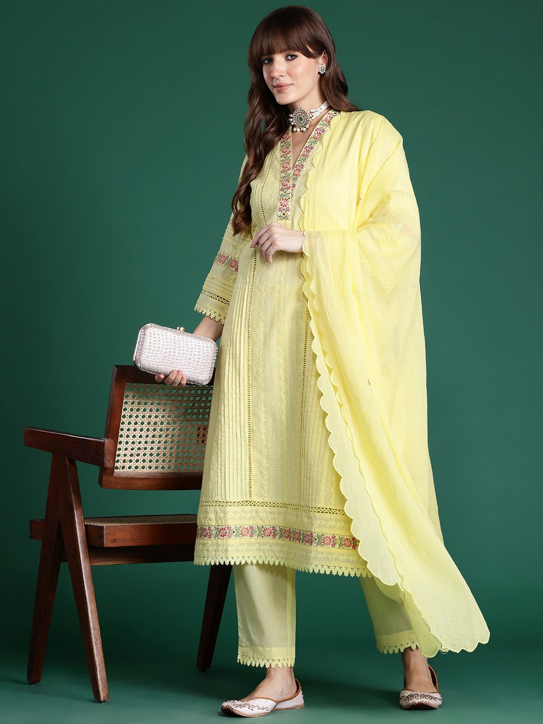 Floral Embroidered Pure Cotton Kurta with Trousers & Dupatta