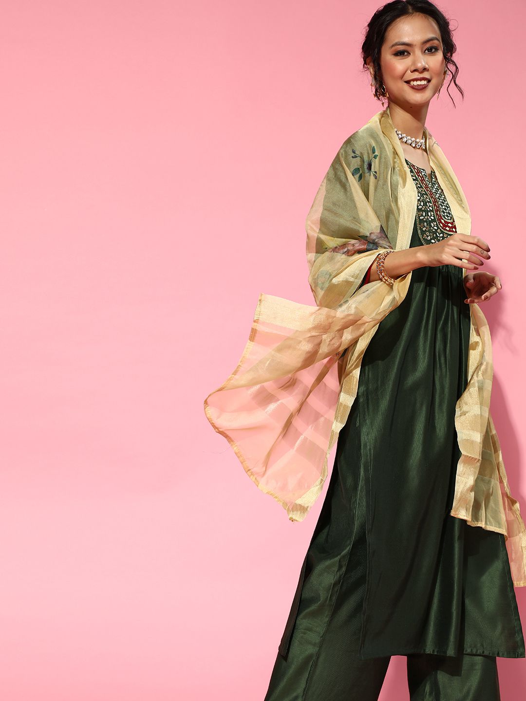 Green Silk Blend Calf Length Kurta Set