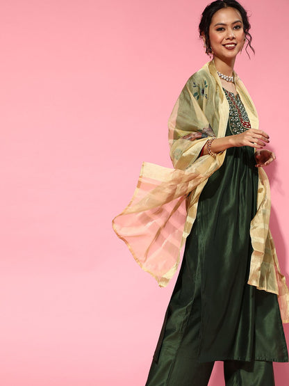 Green Silk Blend Calf Length Kurta Set