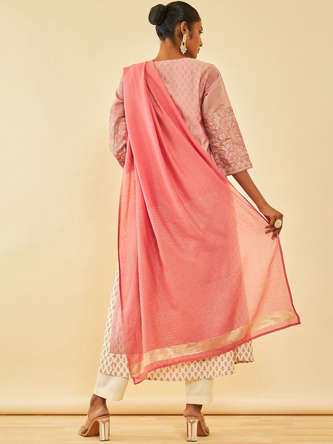 Dhiyona SO Women's Floral Printed Layered Thread Work Chanderi Silk Kurta with Trousers & With Dupatta