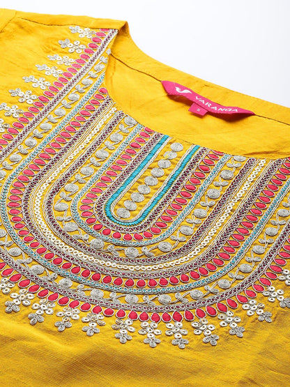 Dhiyona VA Women's Mustard Yellow & Pink Yoke Design Kurta with Trousers & Dupatta