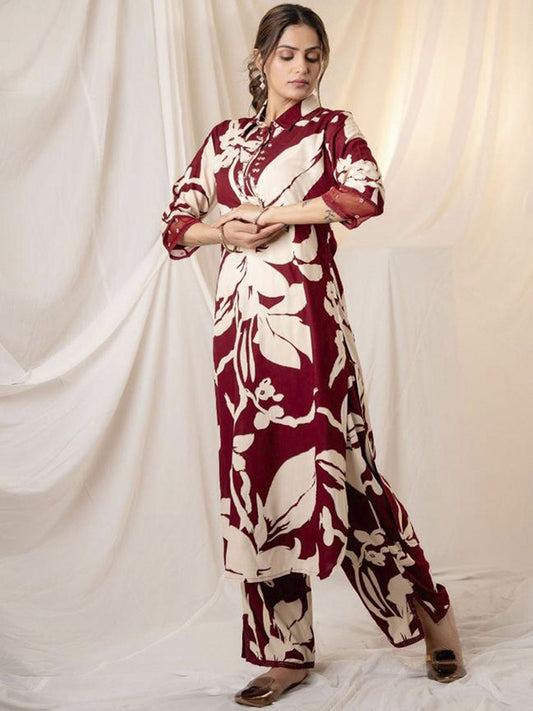 Dhiyona IE Floral Printed Shirt Collar Sequinned Kurta with Trousers