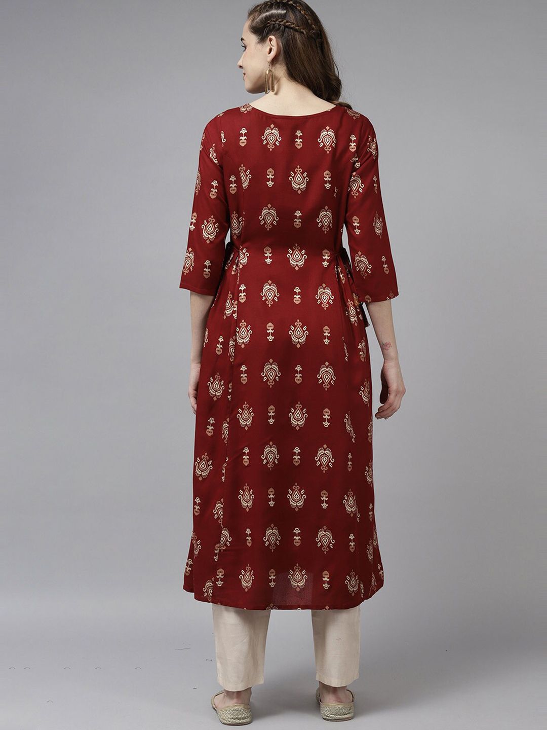 Dhiyona IE Women Maroon Ethnic Motifs Printed Keyhole Neck Anarkali Kurta