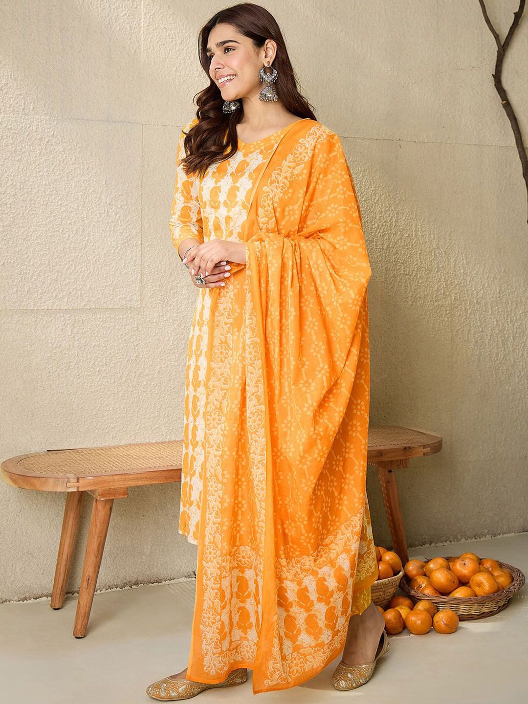 Dhiyona IE Paisley Printed V-Neck Pure Cotton Straight Kurta With Trousers And Dupatta