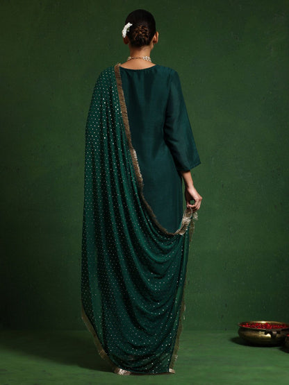 Dhiyona VA Women'sFloral Embroidered Cotton Silk Zari Work Straight Kurta With Trousers & Dupatta