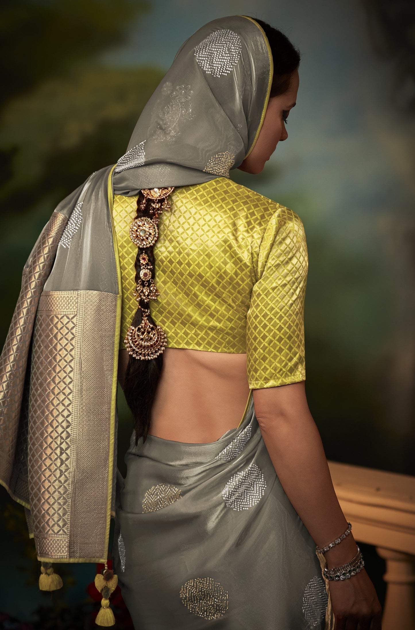 Dhiyona KM Women Elegant Grey Silk Saree With Diamond Work And Contrast Yellow Blouse “ Party & Festive Wear