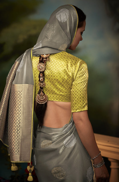 Dhiyona KM Women Elegant Grey Silk Saree With Diamond Work And Contrast Yellow Blouse “ Party & Festive Wear