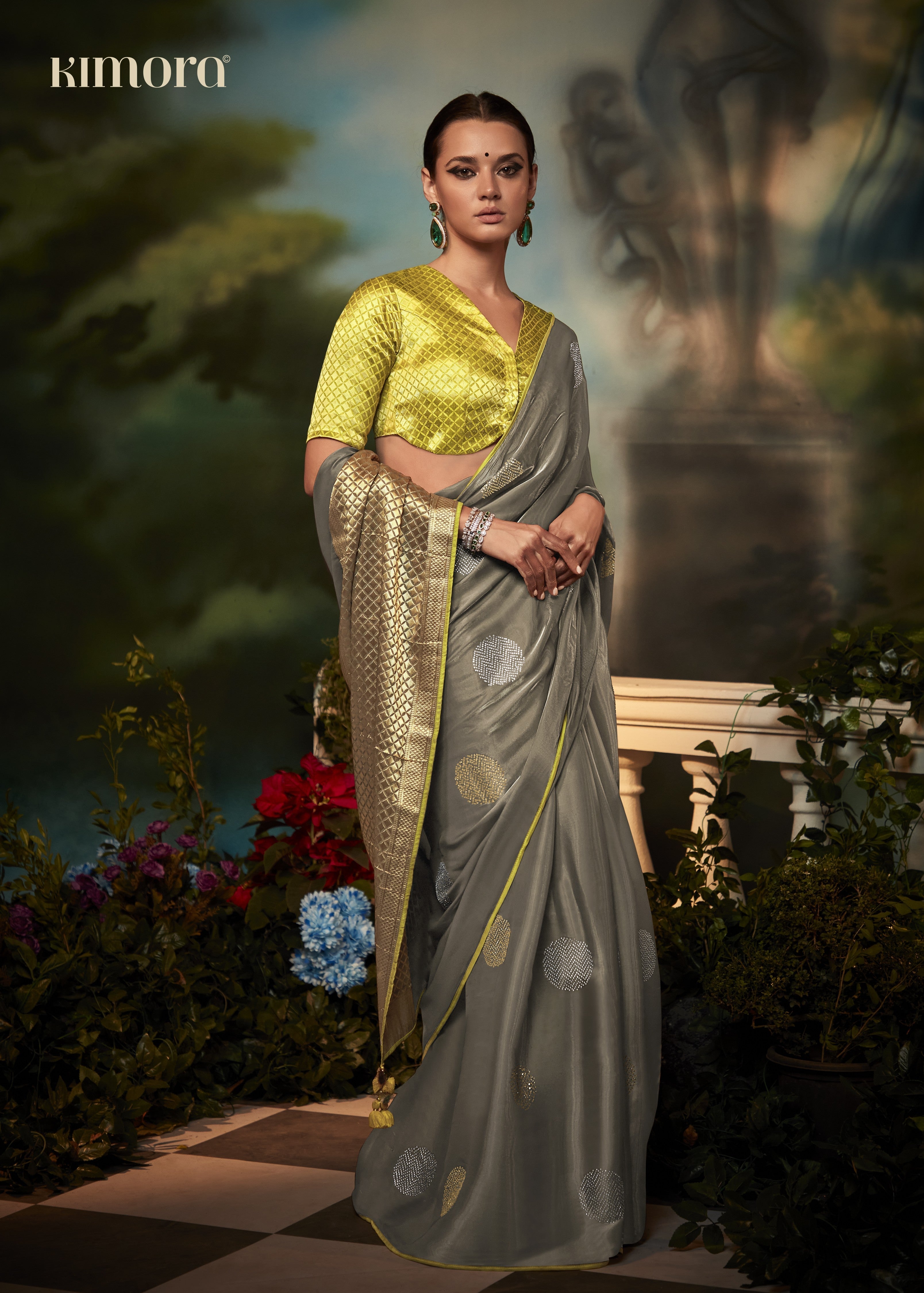 Dhiyona KM Women Elegant Grey Silk Saree With Diamond Work And Contrast Yellow Blouse “ Party & Festive Wear