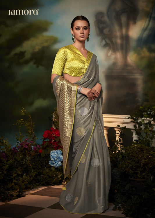 Dhiyona KM Women Elegant Grey Silk Saree With Diamond Work And Contrast Yellow Blouse “ Party & Festive Wear