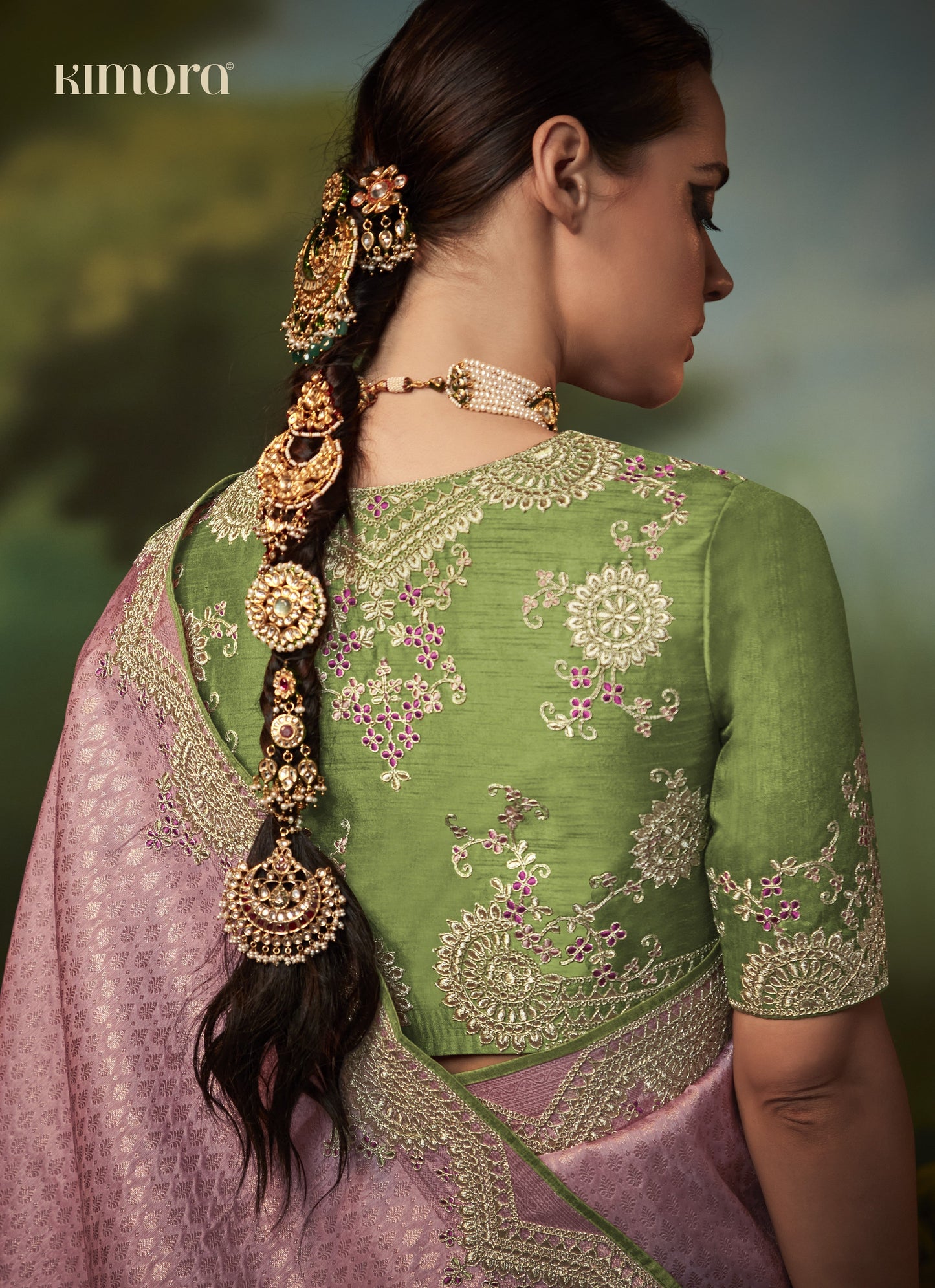 Dhiyona KM Women Pink Silk Saree With Contrasting Green Blouse
