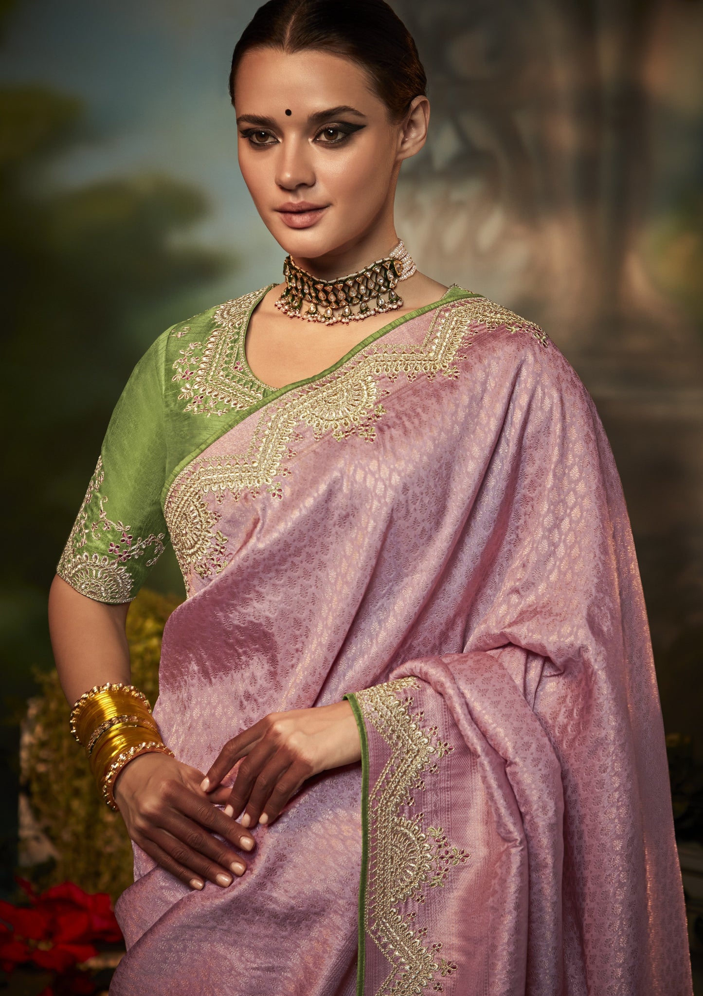 Dhiyona KM Women Pink Silk Saree With Contrasting Green Blouse