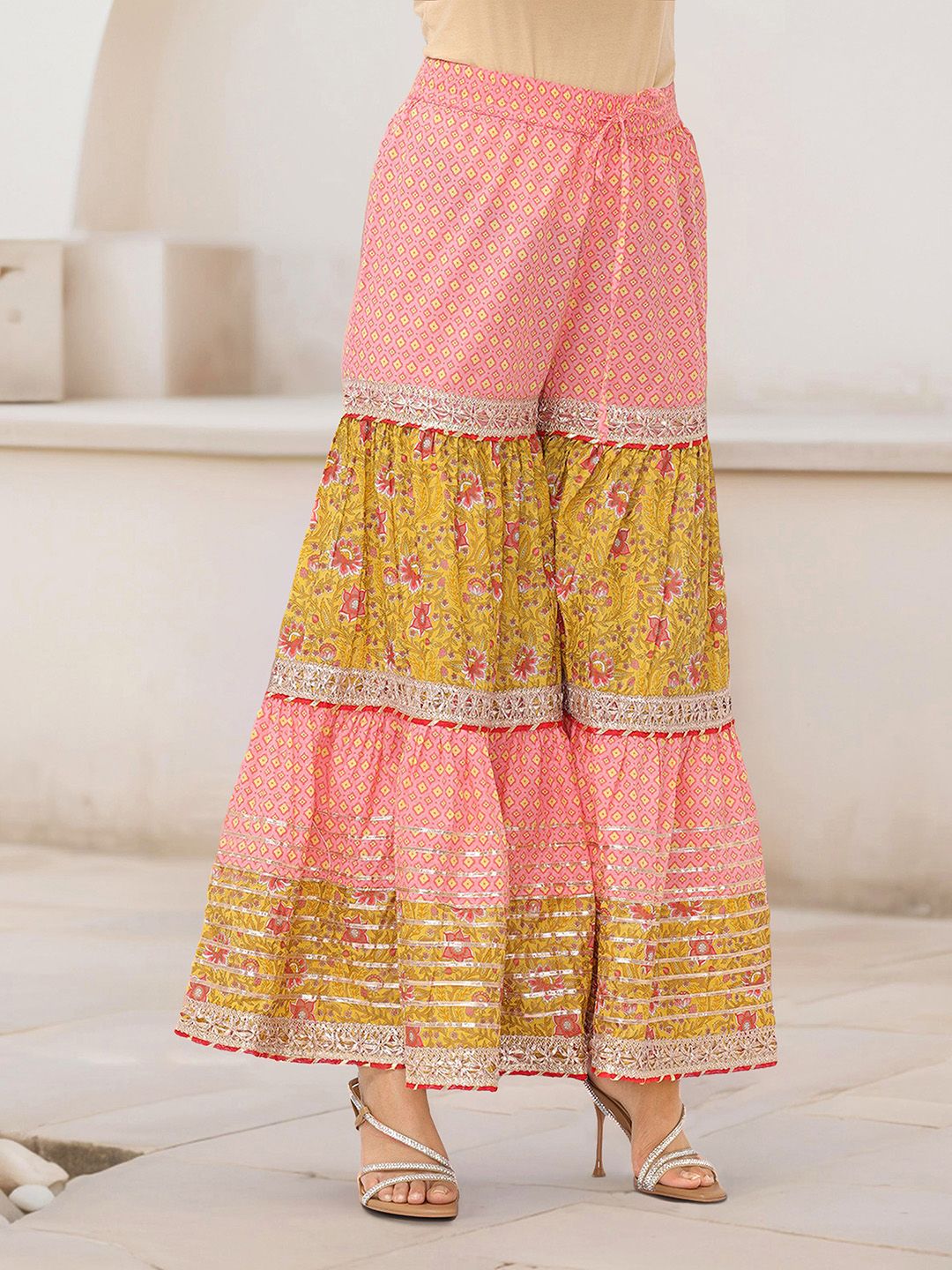 Dhiyona IS Women's Floral Printed Pure Cotton Anarkali Kurta With Sharara & Dupatta