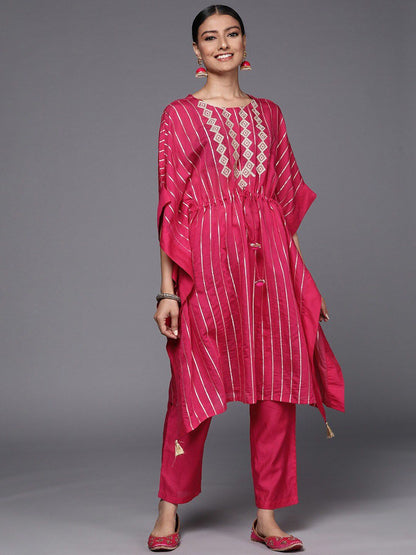 Dhiyona VA Women's Pink Embroidered Chanderi Silk Kurta with Trousers