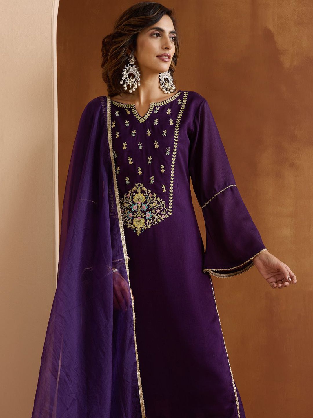 Dhiyona IS Women's Floral Embroidered Yoke Design Notch Neck Kurta With Palazzos And Dupatta