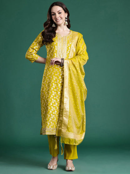 Dhiyona IE Floral Woven Design Sequinned Kurta with Trousers & With Dupatta