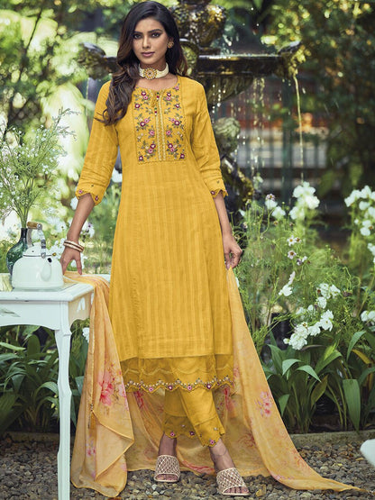Dhiyona IE Yellow Yoke Design Thread Work Pure Cotton Kurta With Trousers & Dupatta