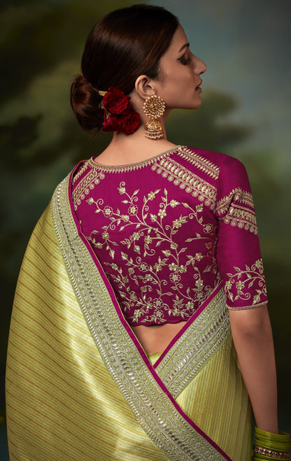 Dhiyona KM Women Elegant Lime Green Pure Silk Saree With Magenta Embroidered Blouse