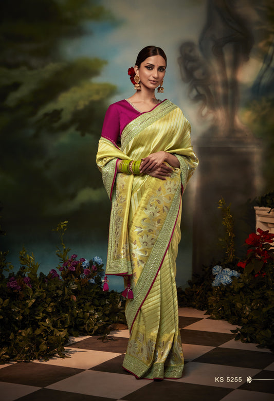 Dhiyona KM Women Elegant Lime Green Pure Silk Saree With Magenta Embroidered Blouse