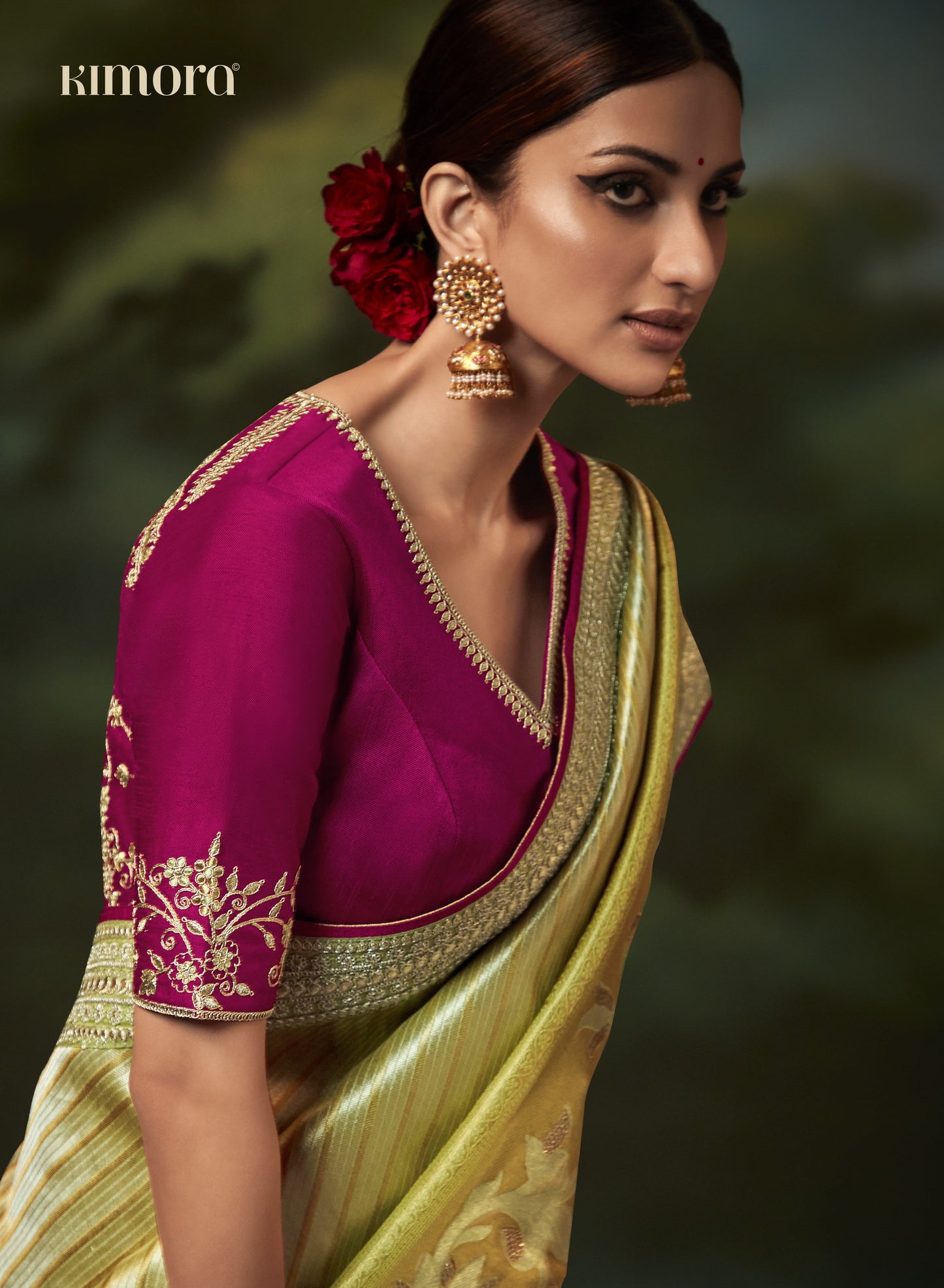Dhiyona KM Women Elegant Lime Green Pure Silk Saree With Magenta Embroidered Blouse