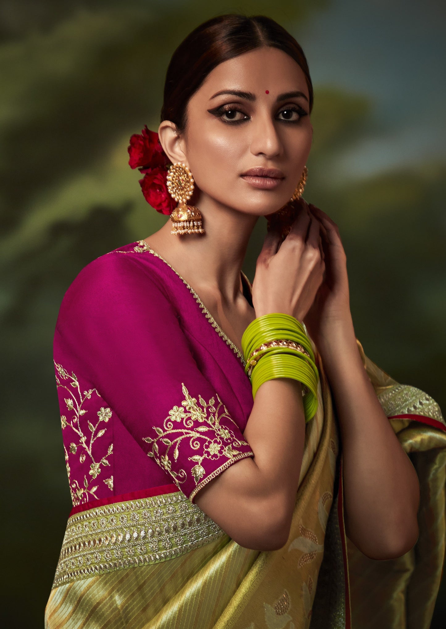 Dhiyona KM Women Elegant Lime Green Pure Silk Saree With Magenta Embroidered Blouse