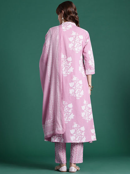 Dhiyona IE Floral Printed Pure Cotton Kurta with Trousers & Dupatta
