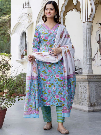 Dhiyona IE Women Floral Printed Regular Mirror Work Pure Cotton Kurta with Trousers & With Dupatta
