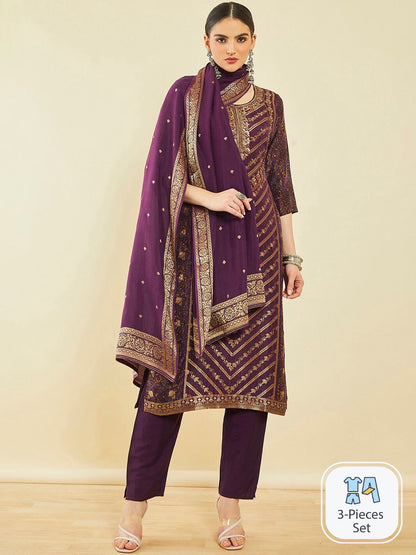 Dhiyona SO Women's Ethnic Motifs Printed Beads and Stones Thread Work Kurta with Trousers & Dupatta