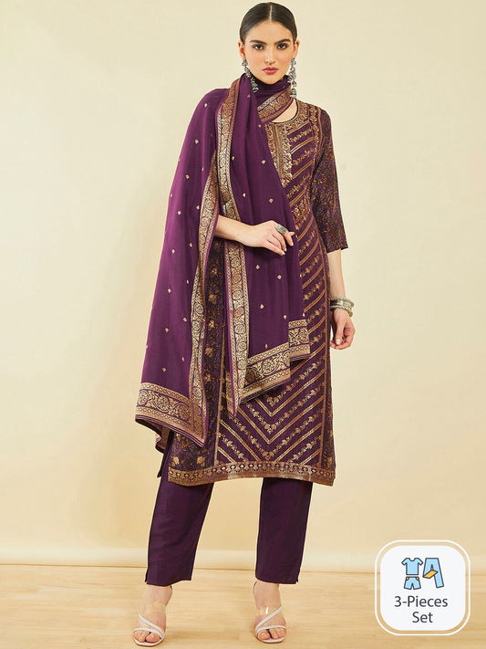 Dhiyona SO Women's Ethnic Motifs Printed Beads and Stones Thread Work Kurta with Trousers & Dupatta