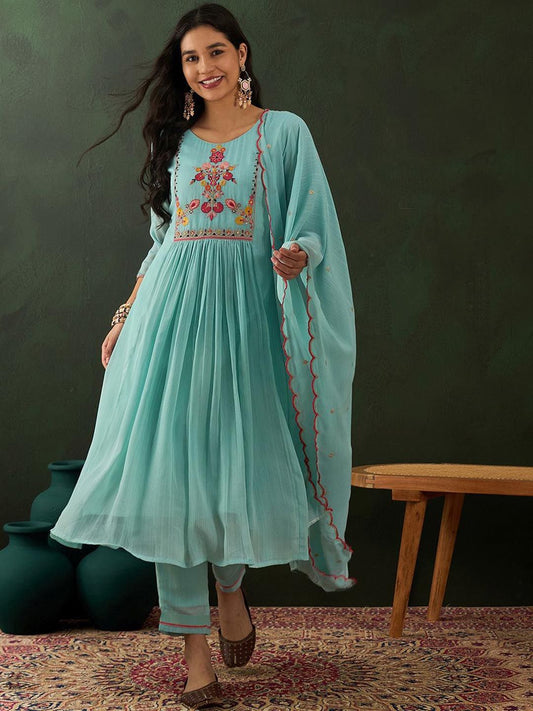 Dhiyona SN Women's Blue Floral Embroidered Zari Sequince Anarkali Kurta With Trousers And Dupatta