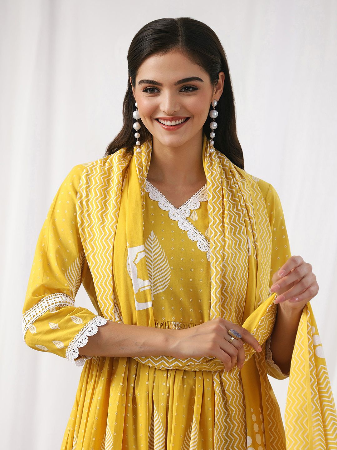 Dhiyona IS Women's Ethnic Motifs Printed Angrakha Thread Work Pure Cotton Kurta with Trousers & Dupatta