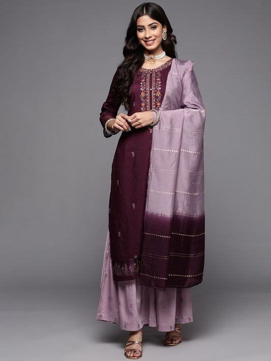 Dhiyona VA Floral Embroidered Thread & Sequin Work Straight Kurta with Sharara & Dupatta