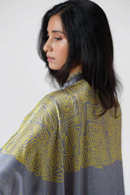 Women's Dove Grey and Olive Gaji Silk Kaftan Set