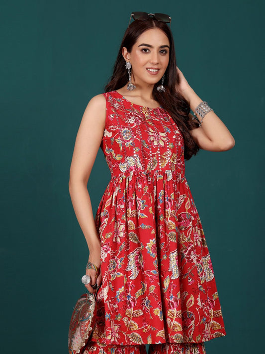 Dhiyona VA Women's Floral Printed Regular Thread Work Pure Cotton Kurta with Sharara