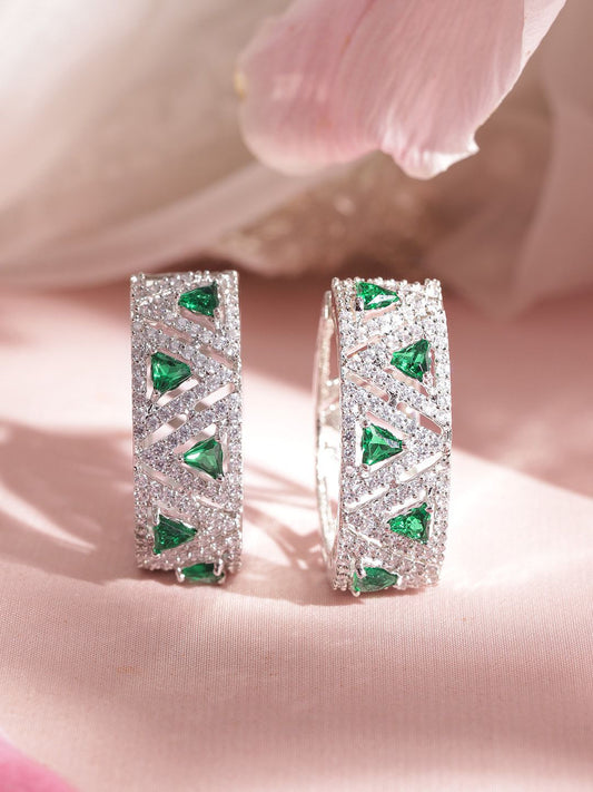 Dhiyona RJ Women's Rhodium Plated Trillant Emerald Crystal Zirconia Exquisite Demi-Fine Hoop Earring