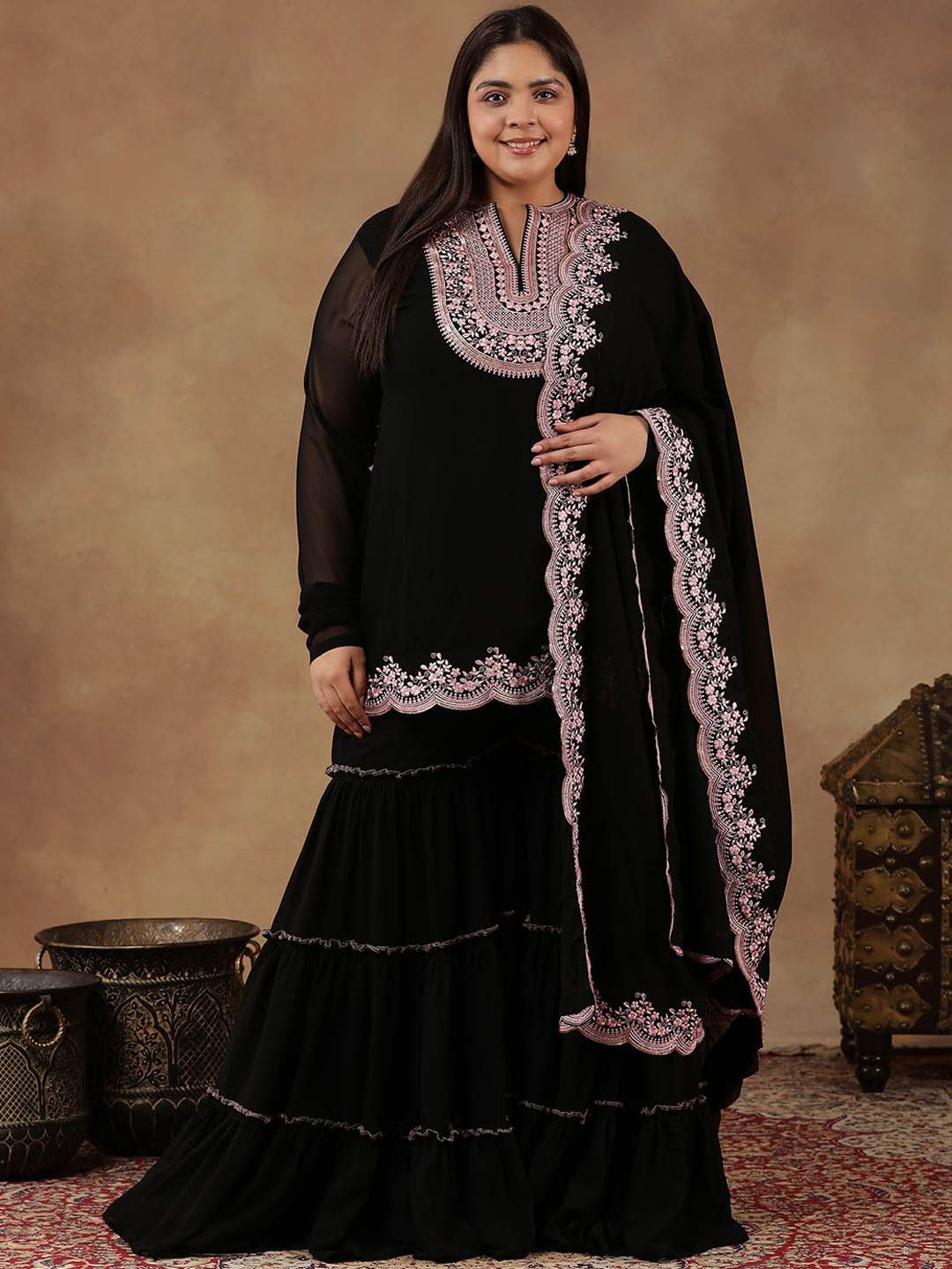 Dhiyona IN Szie Floral Embroidered Thread Work Kurta With Sharara & Dupatta