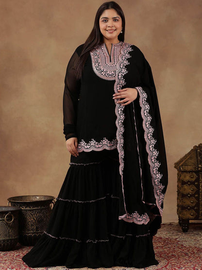 Dhiyona IN Szie Floral Embroidered Thread Work Kurta With Sharara & Dupatta