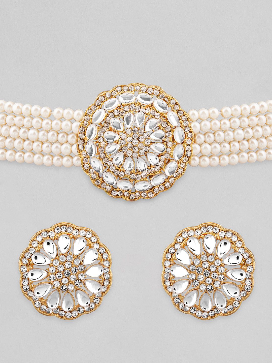Dhiyona RJ Women's 22K Gold-Plated White Kundan-Studded Choker Set with Multi-Strand Pearl Beads