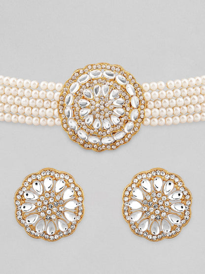 Dhiyona RJ Women's 22K Gold-Plated White Kundan-Studded Choker Set with Multi-Strand Pearl Beads
