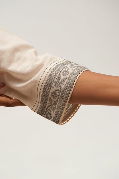 Women's Gardenia Cream Woven Cotton Salwar Suit With Hand Embellishment