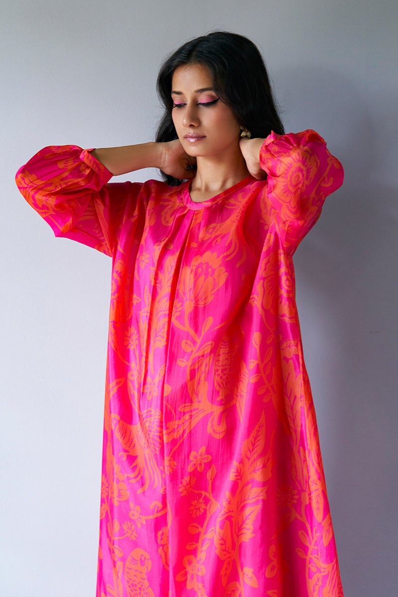 Women's Hot Pink and Orange Bemberg Silk Printed Co-ord Set