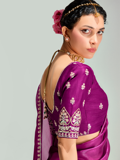Dhiyona KM Women Wine Shade Organza Saree