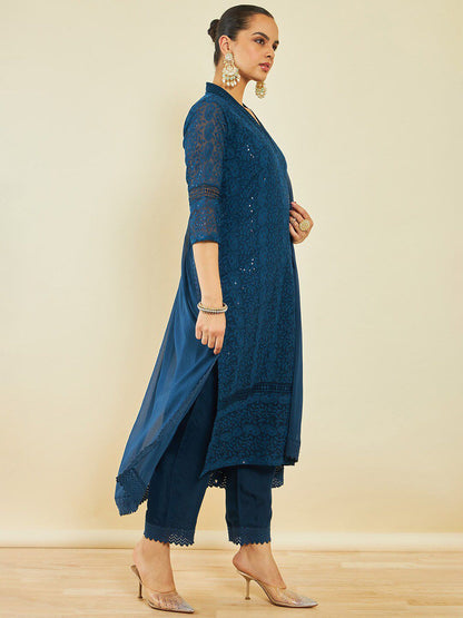 Dhiyona SO Women's Blue Paisey Embroidered Thread Work Straight Kurta & Trousers With Dupatta