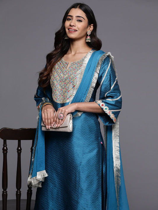 Dhiyona VA Women'sEthnic Motifs Embroidered Regular Sequinned Kurta with Trousers & Dupatta