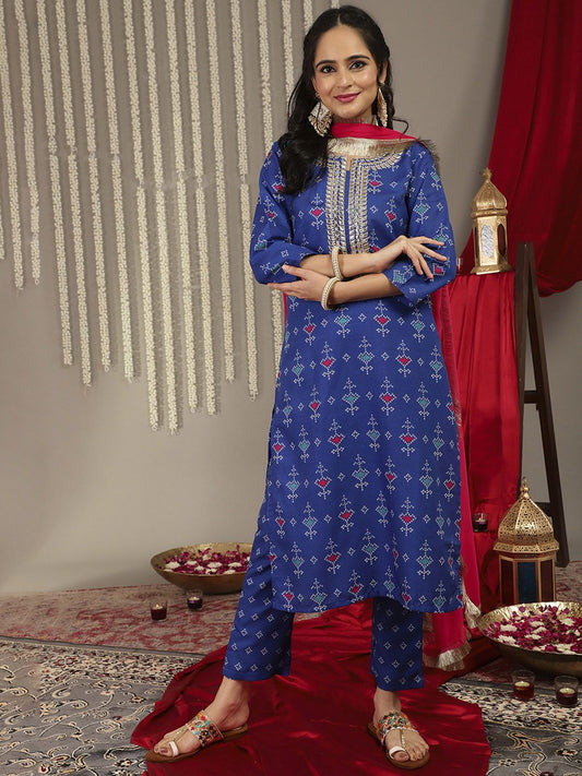 Dhiyona VA Women's Blue Bandhani Printed Gotta Patti Kurta with Trousers & Dupatta