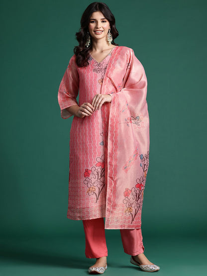 Dhiyona IE Floral Printed Sequinned Kurta With Trousers & Dupatta