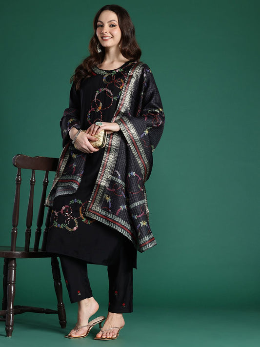 Dhiyona IE Floral Embroidered Thread Work Kurta with Trousers & With Dupatta
